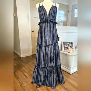 NWT'S - LULU'S - Navy Striped Tiered, Backless Halter Dress - Size M